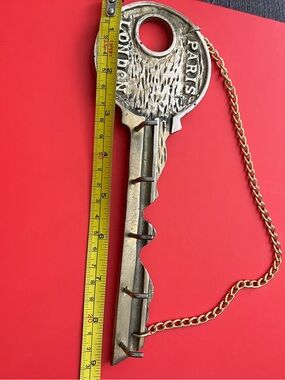 Vintage Brass Key-Shaped Wall Key Holder - Paris London - 5 Hooks & Chain